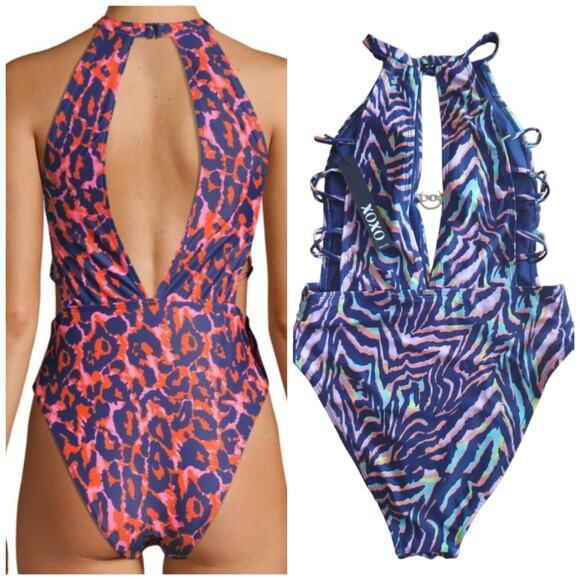 XOXO Womens High Neck Deep Plunge Multicolored Zebra Swimsuit Size Medium NWT - Picture 2 of 9